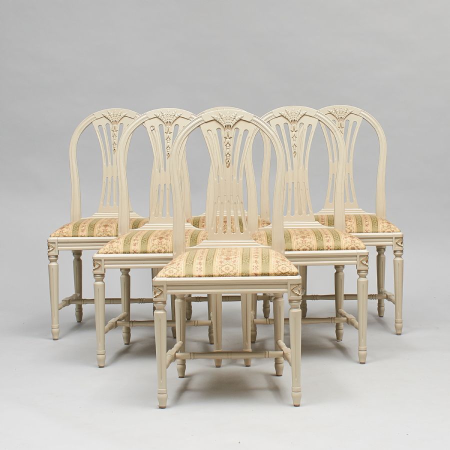 Matsalsstolar, 6 st. Gustaviansk stil, bemålade. Metropol Auktioner i